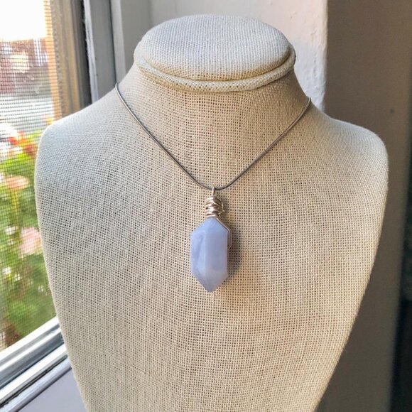 Blue Lace Agate Point Wire Wrapped Chain Necklace/Choker - Picture 1 of 4